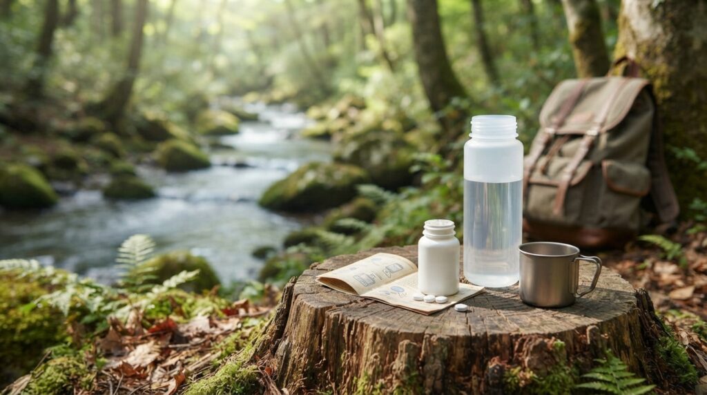 Comprimes-de-purification-et-materiel-de-traitement-de-leau-en-pleine-nature