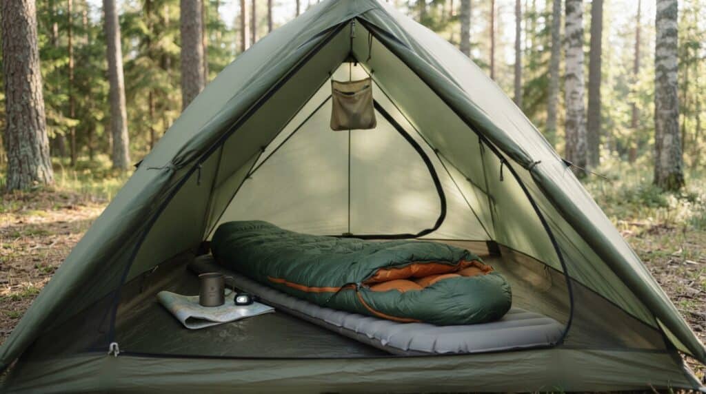 Interieur-dune-tente-legere-avec-sac-de-couchage-et-matelas-de-bivouac