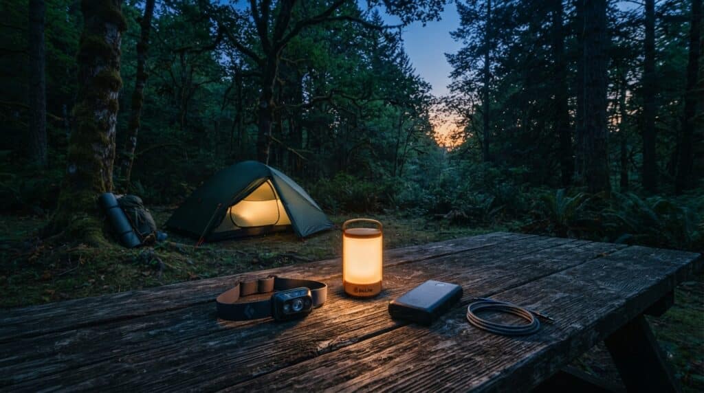 Lampe-frontale-lanterne-et-batterie-externe-installees-pres-dune-tente-pendant-un-bivouac