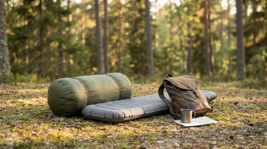 Sac-de-couchage-roule-avec-matelas-de-sol-et-materiel-de-bivouac-leger