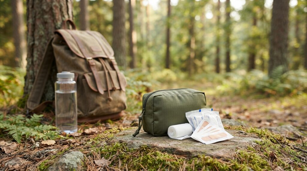 Trousse-de-secours-compacte-a-cote-dun-sac-a-dos-en-pleine-nature