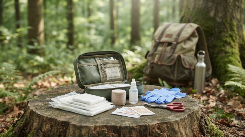 Trousse-de-secours-ouverte-avec-materiel-de-premiers-soins-pour-laventure