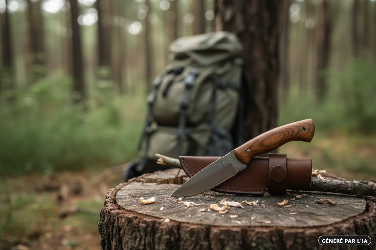 Généré par IA : Un couteau de brousse avec un manche en bois repose sur une souche d'arbre en bois devant un sac à dos de randonnée dans une forêt.