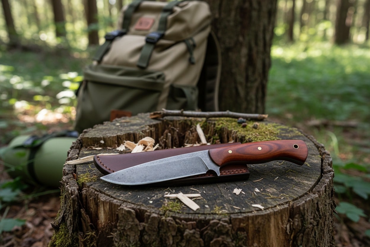Un couteau de brousse avec un manche en bois et son étui en cuir posés sur une souche dans une forêt.